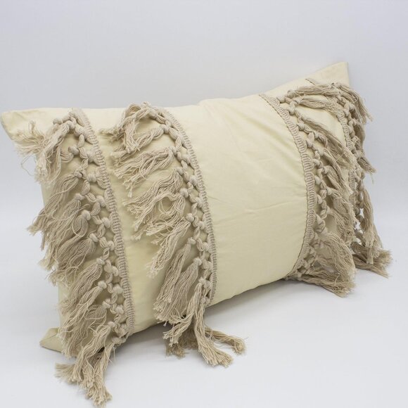 Khaki Fringe Cotton 12x20in Lumbar Throw Pillow Cover - Picture 1 of 3